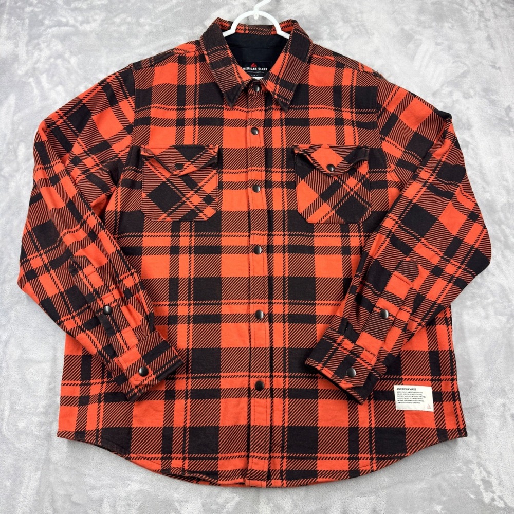 AMERICAN GIANT Redwood Fleece Overshirt Mens XL Orange Black Lined Heavyweight
